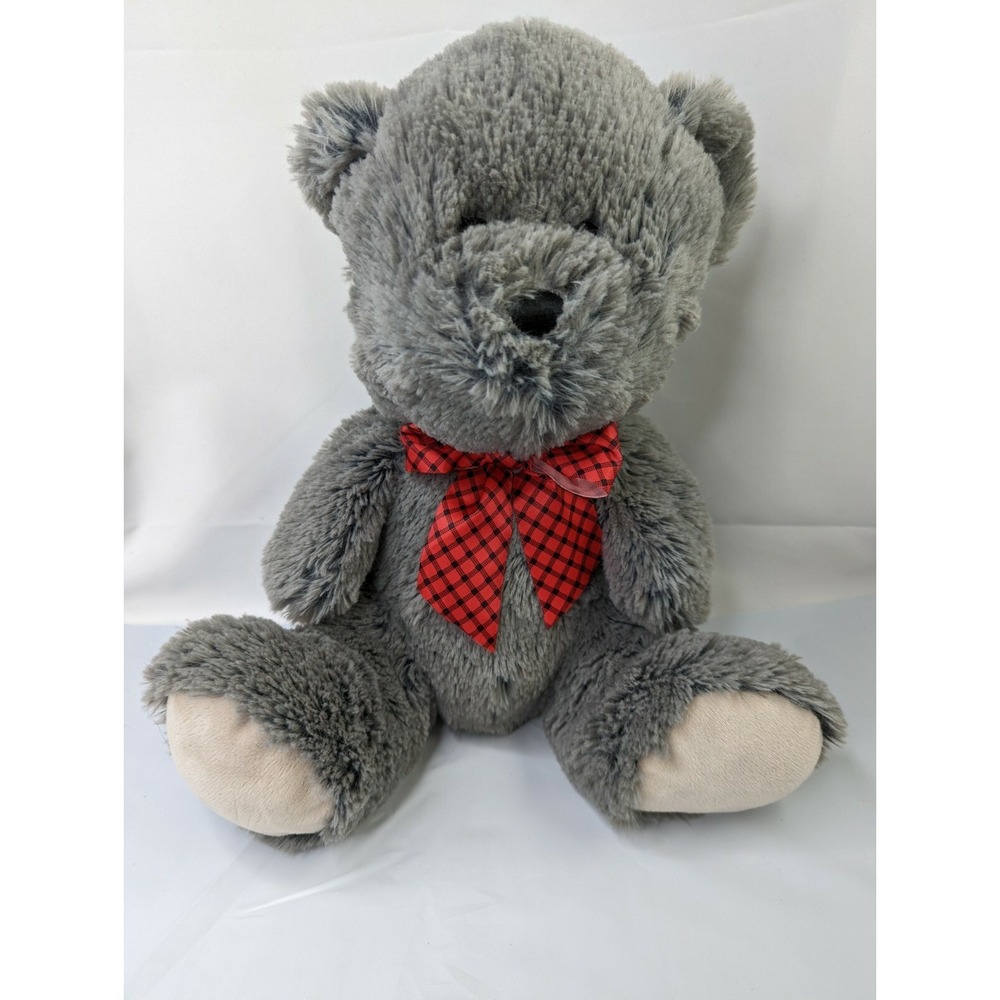 HugFun Gray Bear Plush 12 Inch‎ Red Black Bow Stuffed Animal Toy